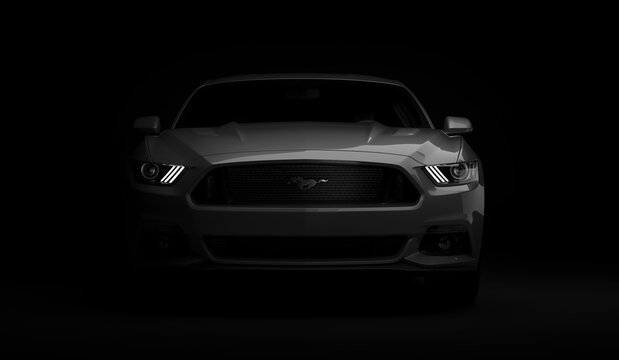 Almaty, Kazakhstan. MARCH 28: Ford Mustang V8 5.0L. luxury stylish car on dark, black background. 3D render