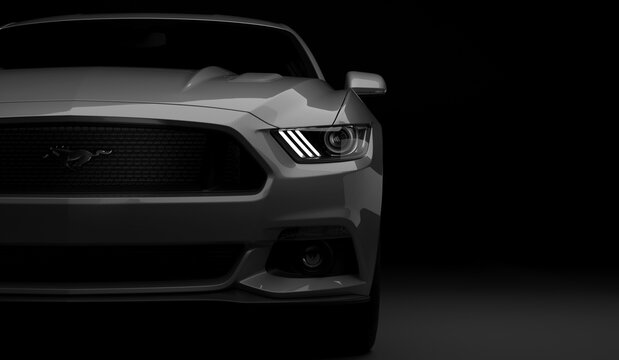 Almaty, Kazakhstan. MARCH 28: Ford Mustang V8 5.0L. luxury stylish car on dark, black background. 3D render