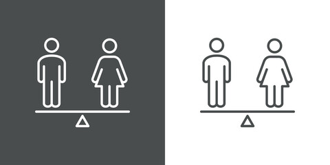 Igualdad de género. Logotipo hombre y mujer en balanza con lineas en fondo gris y fondo blanco © teracreonte