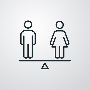 Igualdad de g&eacute;nero. Logotipo hombre y mujer en balanza con lineas en fondo gris