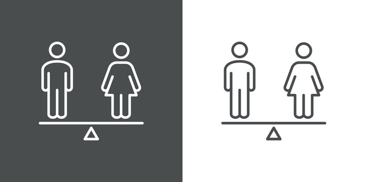 Igualdad de g&eacute;nero. Logotipo hombre y mujer en balanza con lineas en fondo gris y fondo blanco