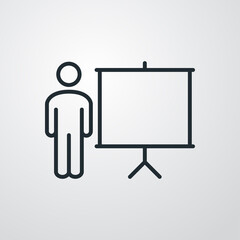 Presentación de negocios. Formación. Icono plano hombre con pizarron con lineas en fondo gris