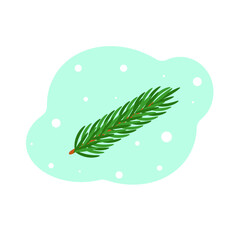 Spruce branch with green needles on a winter background. Cute vector illustration in flat style