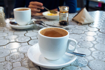 Breakfast toast with soft boil eggs set, a typical breakfast at cafe