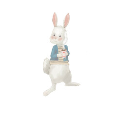 Cute rabbit on a white background with a cup of tea