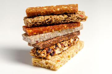 Various granola bars isolated on white background