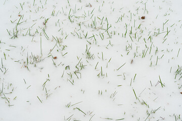 Green grass peeks out from under the snow. Winter background. There is a place for text