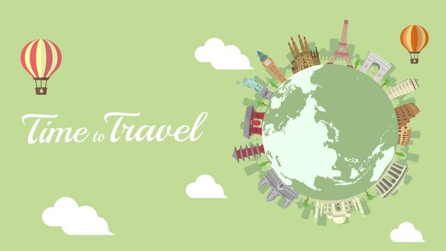 Travel, vacation, sightseeing animation banner (4K) . World heritage and world famous buildings.