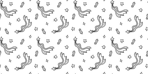 Fototapeta na wymiar Space black and white doodle seamless pattern - hand drawn line digital paper with space, stars, comet, cute kids seamless background for textile, scrapbooking, wrapping paper