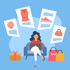 Woman using computer to purchase product via online store. Online shopping concept vector illustration.