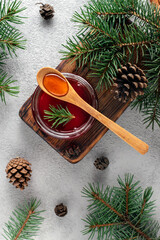 Jam syrup young pine cones, top view/