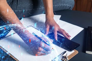 Businesswoman taking notes using smart-phone. Social media hologram double exposure. People network...