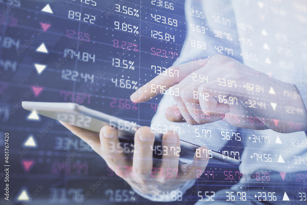 Poster double exposure of man's hands holding and using a digital device and forex graph drawing. financial