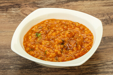 Traditional Georgian Kharcho soup with meat