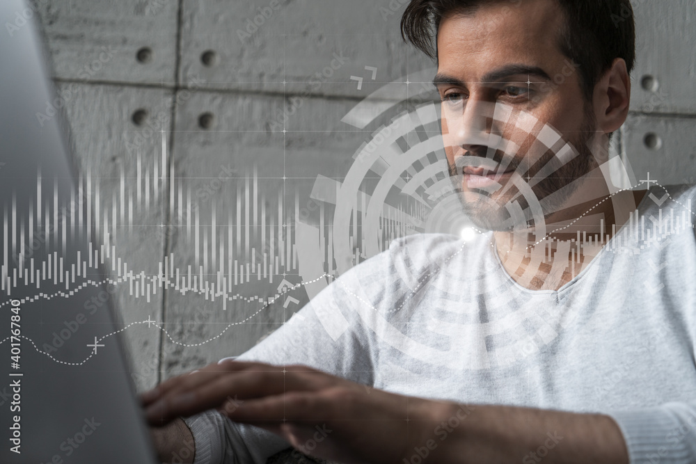 Poster a serious caucasian analyst in casual wears, using laptop to proceed the forecast of behavioral stat