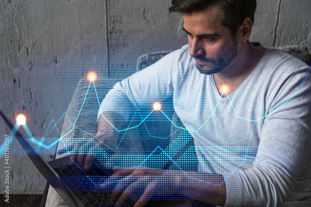 Poster a serious caucasian analyst in casual wears, using laptop to proceed the forecast of behavioral stat