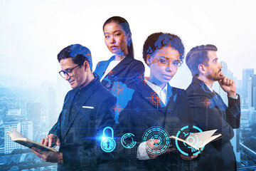 Group of business colleagues as a part of multinational corporate team working on project to protect clients information at cybersecurity compliance division. IT lock icons over Kuala Lumpur