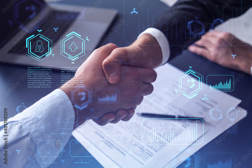Poster handshake of two businessmen who enters into the contract to develop a new software to improve busin