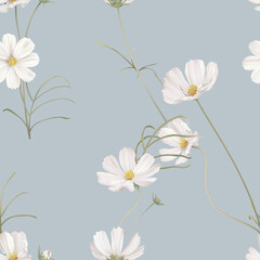 Floral seamless pattern, white and pink cosmos flowers with green leaves on grey © momosama