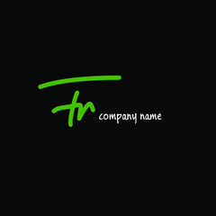 Fr Initial handwriting or handwritten logo for identity. Green logo with signature and hand-drawn style on black background