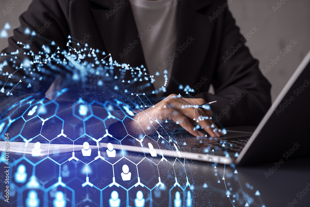 Poster hr woman specialist is typing the keyboard in the internet to find the best candidates to create int