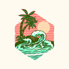 Fototapeta premium Summer beach t-shirt graphic design, hand drawn line style with digital color, vector illustration