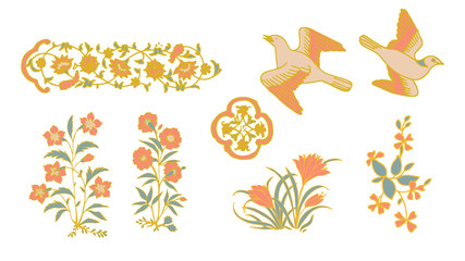 vintage birds and flowers decorative elements set