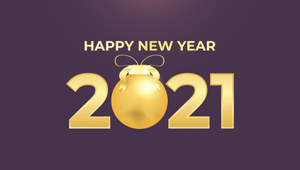 Happy new year 2021. Elegant gold text with sparkling light, Christmas balls and purple black background. Minimalist template for element, calendar, greeting card, or banner. vector luxury typography 