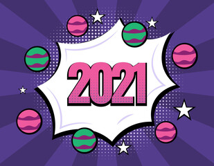 Happy new year 2021. Chat bubble and halftone purple background. vector typography for 2021 and comic style or pop art design. Minimalist template for element, calendar, greeting card, or banner