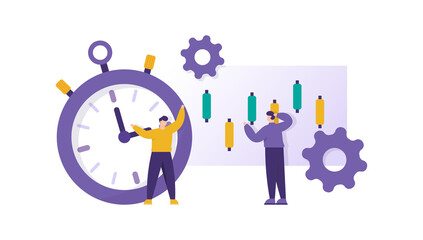 trading strategy concept, stock business, specialist data analysis. illustration of a team discussing or working together to choose the right time to buy or sell stock to make a profit. flat style