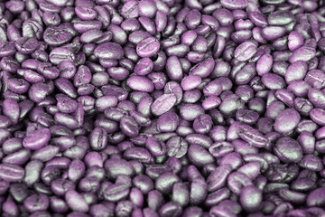 Roasted purple coffee beans in a sack