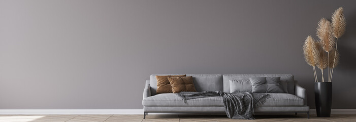 Modern living room interior, gray sofa on dark empty wall mockup, panorama
