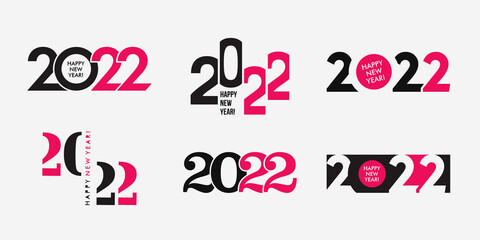 Big Set of 2022 Happy New Year logo text design. 2022 number design template. Collection of 2022 happy new year symbols. Vector illustration with black and pink labels isolated on white background. 