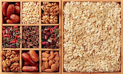 Ingredients for making muesli. Dried fruits, various nuts and seeds.