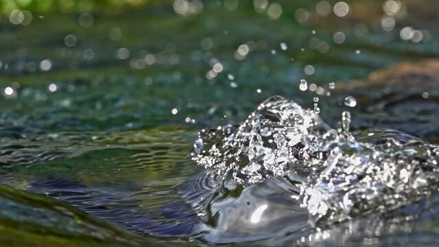 The water drops from the water surface spatter down like fireworks; blurred flares shine brightly
