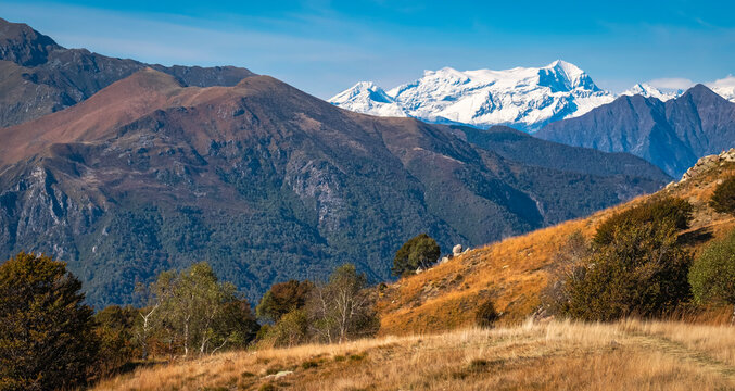 The Monte Rosa Massif mountain range, seen from the top of Mottarone peak (between the Maggiore and Orta Lake, Piedmont, Northern Italy).