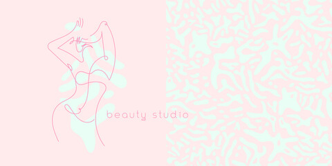 Beauty studio logo design in trendy soft hue. Vector feminine symbol design template minimal line style. Abstract animal skin pattern. Light seamless background for cosmetic label. Body care insignia.