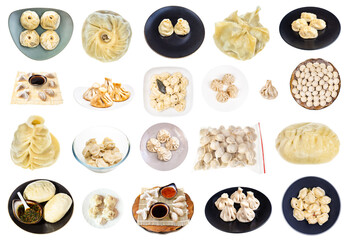 collection of various dumplings (dim sum, buuz, pelmeni, pyanse, khinkali, manti, etc) isolated on...