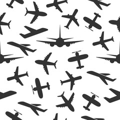 Airplane flight pattern white background. Seamless pattern plane. 