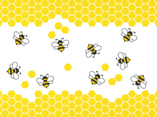 Flying bees with honeycombs. Vector cartoon black and yellow bees isolated on white background.