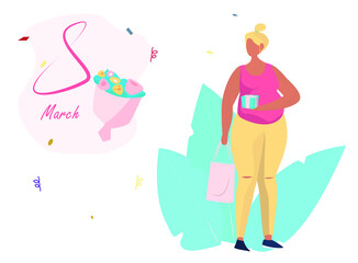 Card for 8 March Happy Women's Day celebration. Vector Illustration with bouquet of flowers, feminism concept. Pregnant woman with box gift, girl power.
Сonfetti on background.