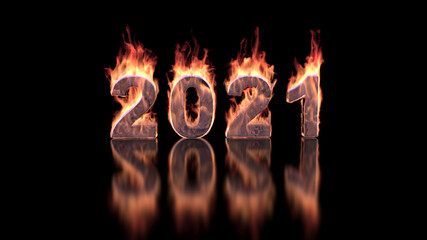 2021 year text burning in fire on glossy surface – 3d animation