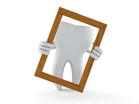 Tooth Character Holding Picture Frame