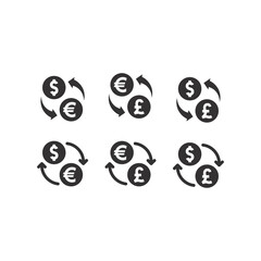 Dollar, euro and pound money exchange icons. Currencies coins with arrows black vector icon set.