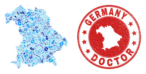 Vector collage Germany map with inoculation icons, labs symbols, and grunge healthcare stamp. Red round watermark with grunge rubber texture and Germany map tag and map.