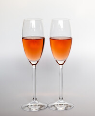 Happy Valentine`s Day, there are two glasses of rose wine