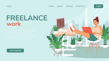 Template concept for landing page, freelance website start page, remote work, training, e-learning from home office. Young woman sitting with laptop in a room with a large window. Vector illustration
