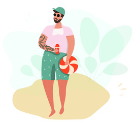 Cool guy on the beach. Male is drinking a cocktail while standing along the coast on the blue background. Beach holidays, swimming accessories. Flat vector illustration.