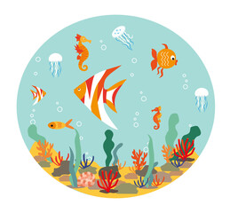 Goldfish, jellyfish, sea horse in   fishbowl. Aquarium with swimming gold exotic fish. Underwater aquarium habitat with sea plants. Flat vector drawn illustration, isolated objects.