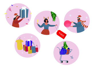 Christmas sales with characters.People Character shopping on market or Holiday New Year Party.Person buying presents and gifts,festive shop. Christmas Sale Season.Vector design illustration